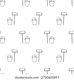Mop and Bucket Outline Seamless Pattern, Minimalist Floor Cleaning Tools Background