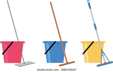 Mop with a bucket. Sets of three types of mops with buckets.