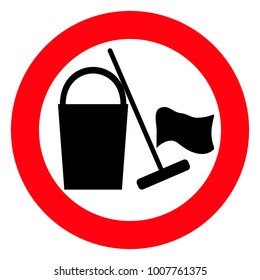 Mop and bucket sign. Vector. Black on white background. Red round sign.