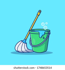 Mop And Bucket Vector Icon Illustration. Cleaning Tool Icon Concept Isolated Premium Vector. Flat Cartoon Style 