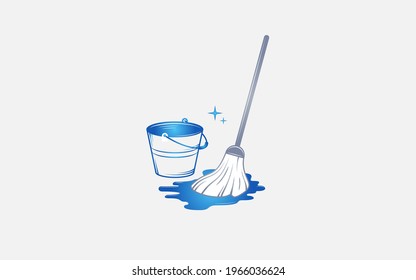 Mop And Bucket Vector Icon Illustration. Cleaning Tool Icon Concept. Flat Cartoon Style 