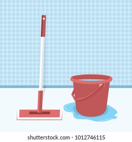 Mop And Bucket With Water Vector Illustration, Mopping The Floor Flat Design. Wet Cleaning. Clean Room. Cleaning Of Office Premises.