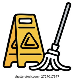 Fregar y precaución concepto de limpieza de letreros de piso Ilustración vectorial aislada sobre fondo blanco