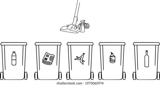Mop, cleaning agent, trash containers. House cleaning and waste sorting. Line art vector illustration. Good habits, self-care and the environment. Zero waste.