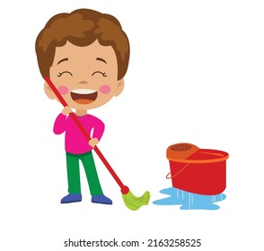 Mop Cleaning Boy Cartoon Drawing