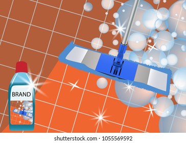 Mop cleaning clean floor shiny. Disinfectant cleaner for washing floors. Vector illustration.