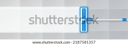 Mop cleaning dirty tiled floor realistic image. Vector top view illustration of bathroom surface shining, sparkling after washing with sanitizing detergent. Domestic hygiene. Housework equipment