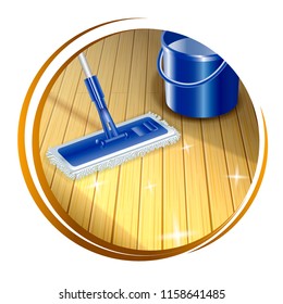 Mop cleaning dirty wood floor to shiny icon. Insoled on white background. Vector illustration.
