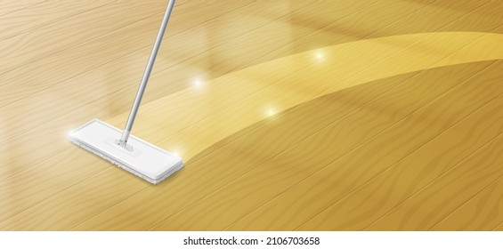 Mop cleaning dirty wood floor, household mopping, cleaning background.