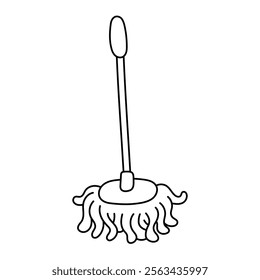 Mop for cleaning the floor. Black and white illustration, hand drawn coloring.