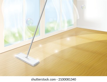 Mop cleaning wooden floor. Home interior background witn window and realistic mop. effective disinfection concept 3d vector.