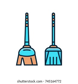 Mop and dust pan flat color line icons. Broom and scoop vector i