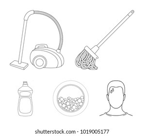 A mop with a handle for washing floors, a green vacuum cleaner, a window of a washing machine with water and foam, a bottle with a cleaning agent. Cleaning set collection icons in outline style vector