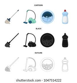 A mop with a handle for washing floors, a green vacuum cleaner, a window of a washing machine with water and foam, a bottle with a cleaning agent. Cleaning set collection icons in cartoon,black