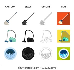 A mop with a handle for washing floors, a green vacuum cleaner, a window of a washing machine with water and foam, a bottle with a cleaning agent. Cleaning set collection icons in cartoon,black