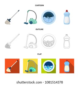 A mop with a handle for washing floors, a green vacuum cleaner, a window of a washing machine with water and foam, a bottle with a cleaning agent. Cleaning set collection icons in cartoon,outline,flat