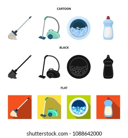 A mop with a handle for washing floors, a green vacuum cleaner, a window of a washing machine with water and foam, a bottle with a cleaning agent. Cleaning set collection icons in cartoon,black,flat