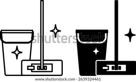 Mop Icons. Black and White Vector Illustration. Indoor Floor Cleaning Tool. Cleaning Bucket. Hygiene Concept
