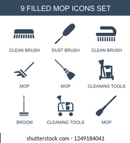 mop icons. Set of 9 filled mop icons included clean brush, dust brush, cleaning tools, broom on white background. Editable mop icons for web, mobile and infographics.