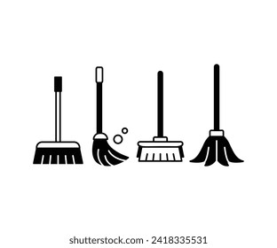 Mop-Symbole Set von Reinigungstools Haushaltsgeräte Element Vektordesign einfache schwarz-weiße Illustrationen