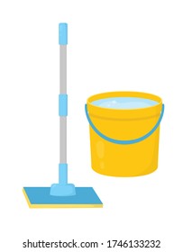 mop with plastic bucket of water isolated on white, vector illustrtion