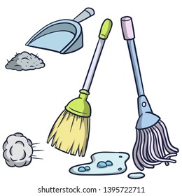 MOP with a puddle of water, a broom with a bunch of dust, a scoop of dirt. Cleaning tools. Cleanliness and sweeping. Hand-drawn illustration.