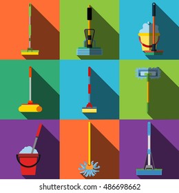 Mop vector flat icons. Simple illustration set of 9 mop elements, editable icons, can be used in logo, UI and web design