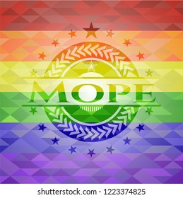 Mope emblem on mosaic background with the colors of the LGBT flag