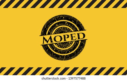 Moped black grunge emblem inside yellow warning sign. Vector Illustration. Detailed.