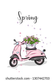 Moped and a bouquet of tulips. Vector illustration for greeting card or poster. Spring flowers.