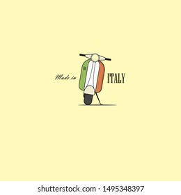 Moped in the colors of the Italian flag. Retro motor scooter is parked. Symbol of travel in Italy.