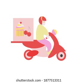 Moped delivery of desserts Flat vector illustration
