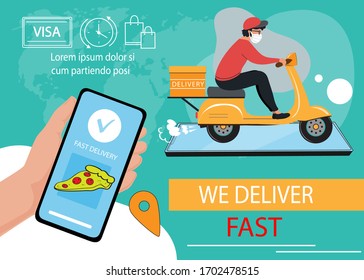 Moped with delivery. Parcel delivery banner. Man in a protective mask. Hand holds smartphone