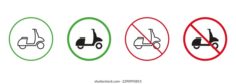 Moped Delivery Red and Green Road Warning Signs. Scooter Permit and Not Allowed Transportation Traffic Signs. Fast Motorcycle, Motor Bike Line and Silhouette Icons Set. Isolated Vector Illustration.