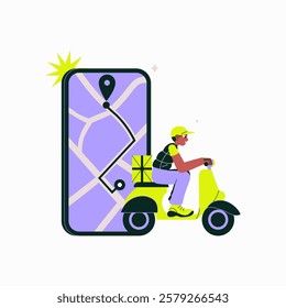 Moped Delivery Rider With Package And Smartphone Navigation In Flat Vector Illustration Symbolizing Online Delivery, Route Optimization, And Logistics, Isolated On White Background