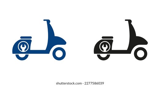 Moped Fixing Service Pictogram. Motorbike with Wrench and Screwdriver Repair Concept Silhouette Icon Set. Bike Maintenance Solid Symbol Collection on White Background. Isolated Vector Illustration.
