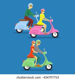 Moped Flat vector illustration. Boy and girl. Retro design