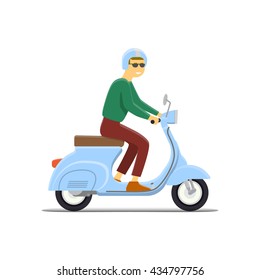 Moped Flat vector illustration. Boy. Retro design