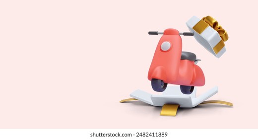 Moped flies out of the gift box in 3D realistic style isolated on light background. Vector illustration