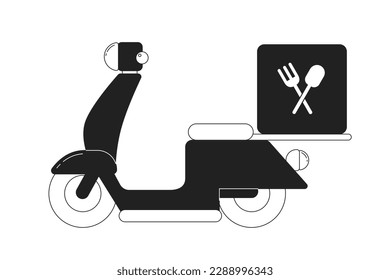 Moped with food delivery bag monochromatic flat vector object. Commercial transport. Scooter with box. Editable thin line icon on white. Simple bw cartoon spot image for web graphic design, animation