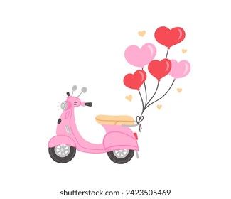 moped with heart balloons. Vector Illustration for printing, backgrounds, covers and packaging. Image can be used for greeting cards, posters, stickers and textile. Isolated on white background.