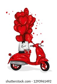 Moped with heart-shaped balloons. Motorcycle. Vector illustration for greeting card or poster. Love, friendship, Valentine's Day.