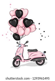 Moped with heart-shaped balloons. Motorcycle. Vector illustration for greeting card or poster. Love, friendship, Valentine's Day.