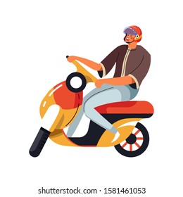 Moped and man in helmet, guy riding scooter isolated icon vector. Male character driving vehicle or motorbike, city transport and transportation. Driver and electric bike, eco friendly riding