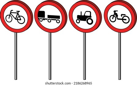 Moped motorbike self propelled vehicle tractor bicycle trailer traffic is prohibited european prohibition signs set red circle metal volumized on the pole vector isolated