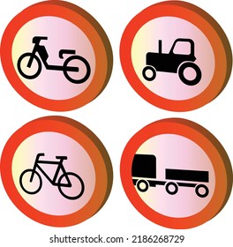 Moped motorbike tractor bicycle trailer traffic is prohibited european prohibition signs set red circle metal volumized vector isolated