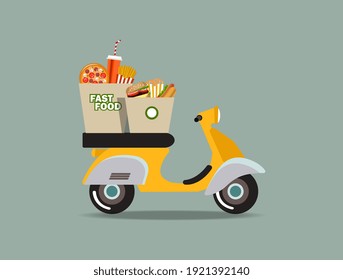 Moped with a package of food. Fast food delivery. Delivery concept. Illustration in a flat style. 