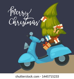 Moped or scooter carrying gifts and Xmas tree Merry Christmas postcard vector vehicle or transport fir or spruce presents greeting card with lettering transportation celebration and congratulation.