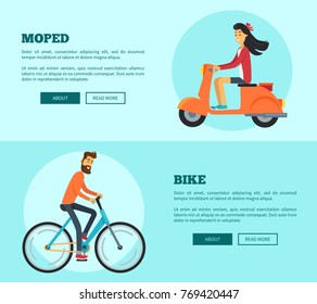 Moped versus bike comparing two types of transport. Vector illustration with man riding bicycle and woman on scooter with room for text and buttons