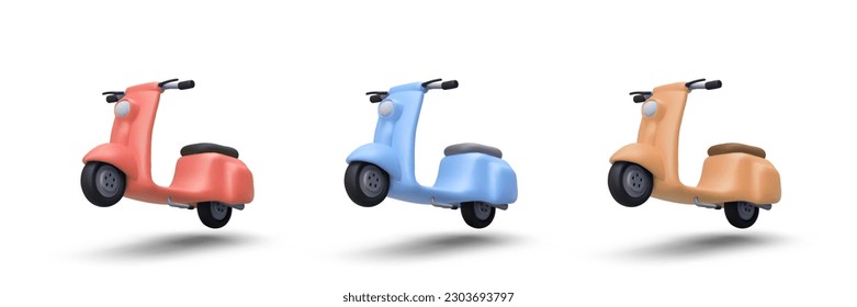 Mopeds in stopped motion. Set of colorful scooters that start sharply. Collection of vector 3D motorbikes with shadows. Isolated images of personal vehicles